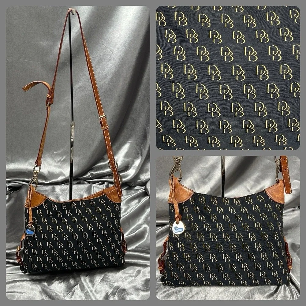 Dooney & Bourke DB Monogram Canvas Hobo Shoulder Bag Black‎ Leather Duck Charm